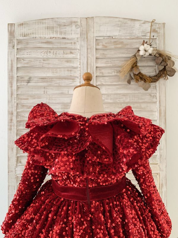 Long Sleeves Burgundy Sequin Ruffles Neck Wedding Flower Girl Dress Kids Party - Image 6