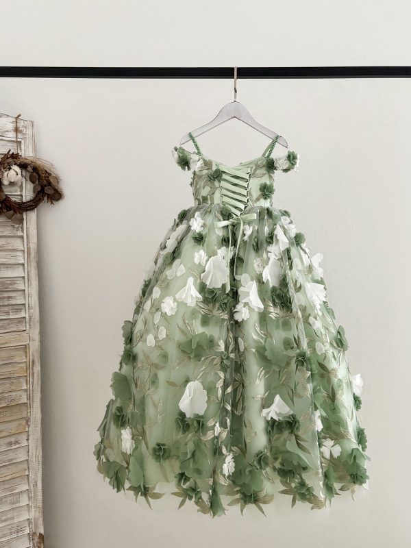Off-Shoulder Green 3D Lace Flower Tulle Wedding Flower Girl Dress Kids Pageant Gown - Image 2