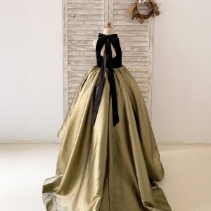 Black Velvet Gold Jacquard Keyhole Back Wedding Party Flower Girl Dress