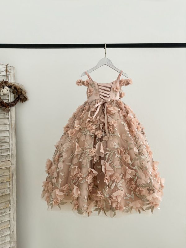 Ball Gown 3D Floral Pink Lace Tulle Floor Length Wedding Party Flower Girl Dress - Image 2