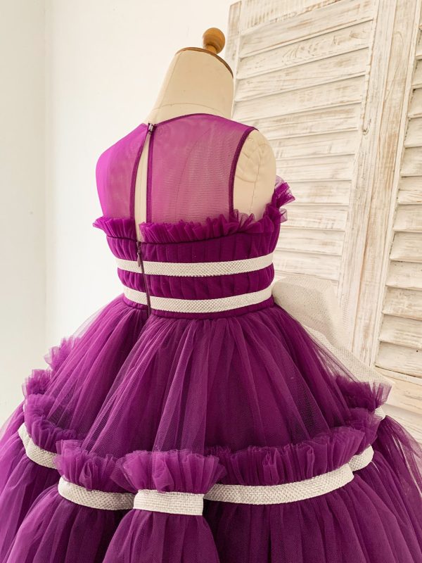 Princess Sheer Neck Pleated Purple Tulle Wedding Flower Girl Dress, Bow - Image 6