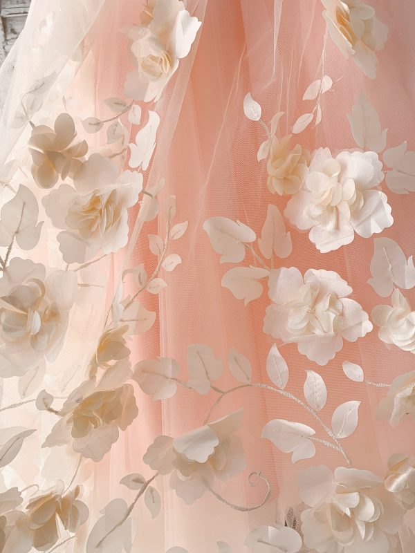 Peach 3D Lace Flower Tulle Off Shoulder Wedding Flower Girl Dress Kids Pageant Gown - Image 6