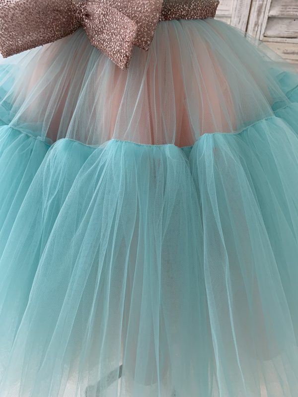 Sheer Neck Pink+Teal Tulle Ruffles Wedding Flower Girl Dress Kids Occasion Dress - Image 6