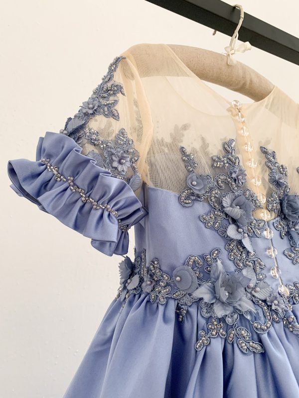 Short Sleeves Sheer Neck Light Blue Satin Wedding Flower Girl Dress, Beaded Lace - Image 6