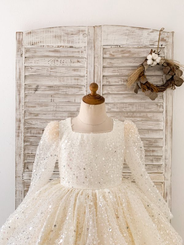 Square Neck Long Sleeves Crystal Beaded Wedding Flower Girl Dress, Horsehair - Image 6