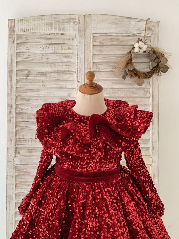 Long Sleeves Burgundy Sequin Ruffles Neck Wedding Flower Girl Dress Kids Party - Image 7