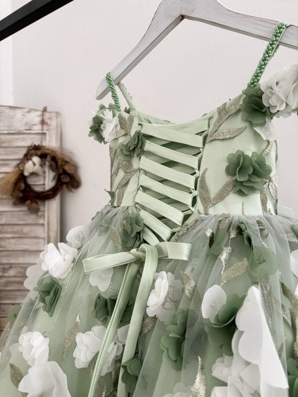 Off-Shoulder Green 3D Lace Flower Tulle Wedding Flower Girl Dress Kids Pageant Gown - Image 4
