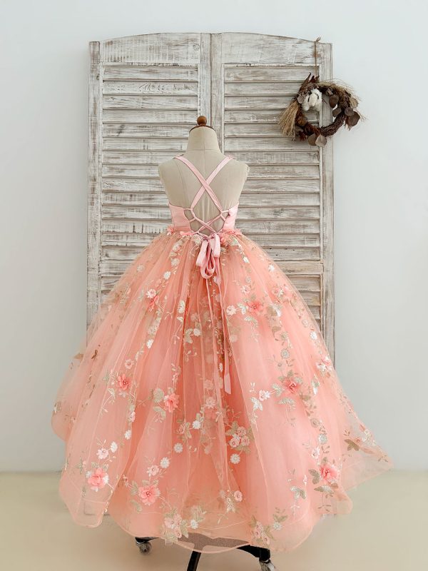 Pink 3D Flowers Sweetheart Ball Gown Wedding Party Flower Girl Dress - Image 2