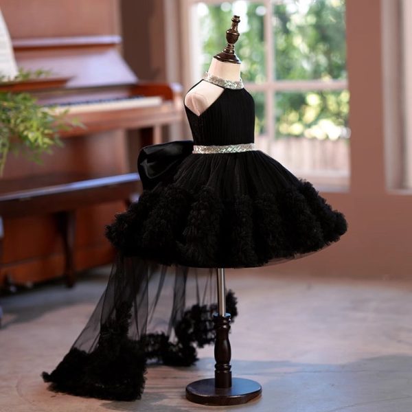 Princess Ball Gown Black Tulle Sleeveless Ruffles Wedding Flower Girl Dress, Train Bow - Image 3