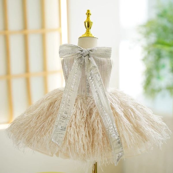 Ball Gown Feathers High Neck Sleeveless Knee Length Kids Party Flower Girl Dress, Bow - Image 2
