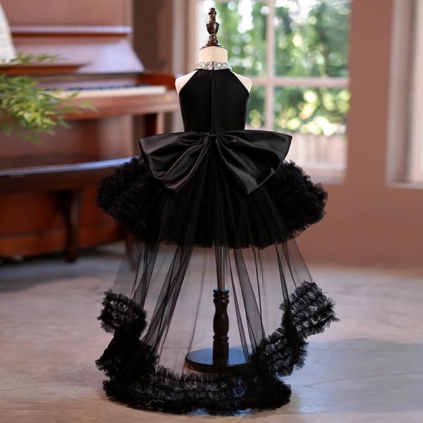 Princess Ball Gown Black Tulle Sleeveless Ruffles Wedding Flower Girl Dress, Train Bow - Image 2
