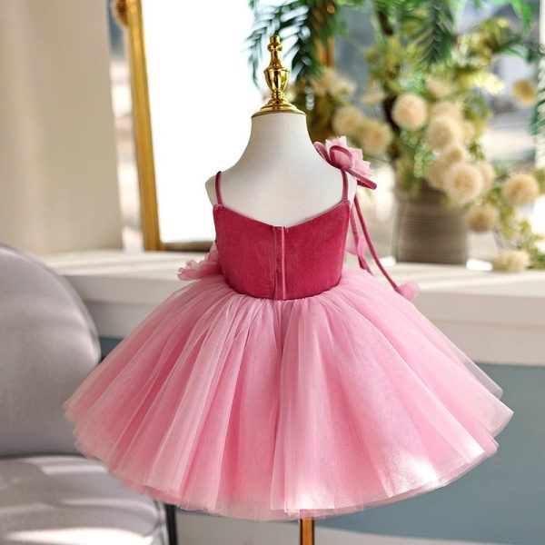 Princess Pink Tulle TUTU Straps Birthday Wedding Party Flower Girl Dress, Flowers - Image 2