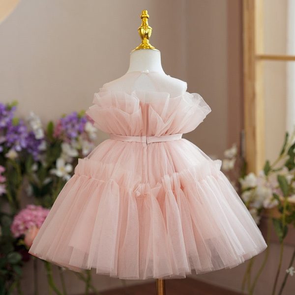 Pearled Sheer Neck Sleeveless Keyhole Ruffled Pink Tulle Wedding Flower Girl Dress, Belt - Image 2