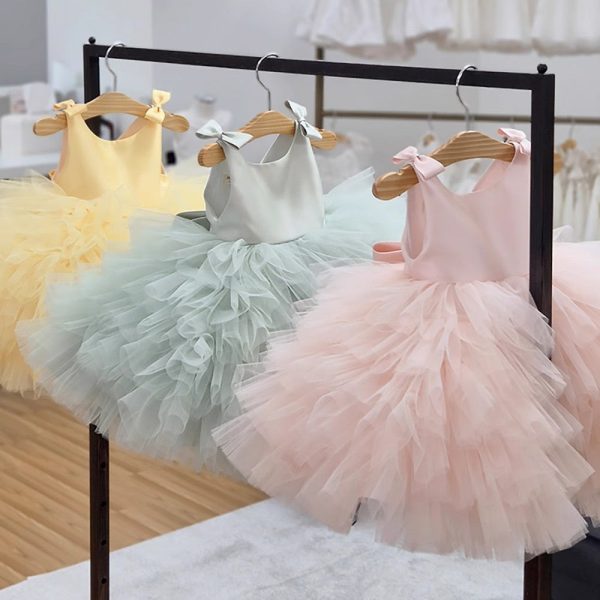 TUTU Ball Gown Yellow Satin Tulle Sleeveless Kids Party Wedding Flower Girl Dress, Bows - Image 2