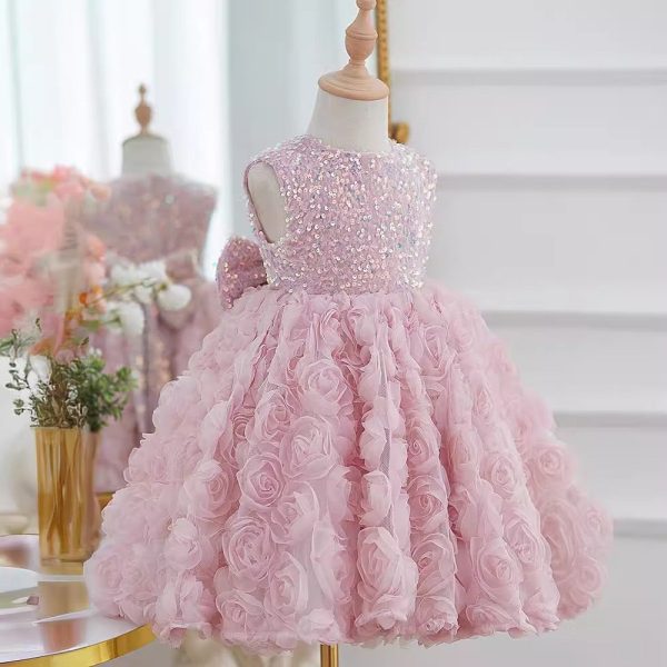Ball Gown Sequined 3D Rosette Sleeveless Knee Length Wedding Party Flower Girl Dress, Bow - Image 3