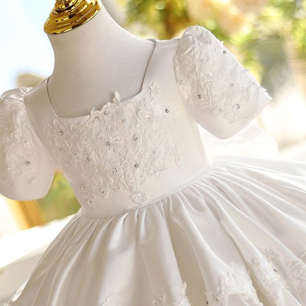 Square Neck Beaded Lace White Taffeta Bubble Birthday Wedding Flower Girl Dress, Bow - Image 5
