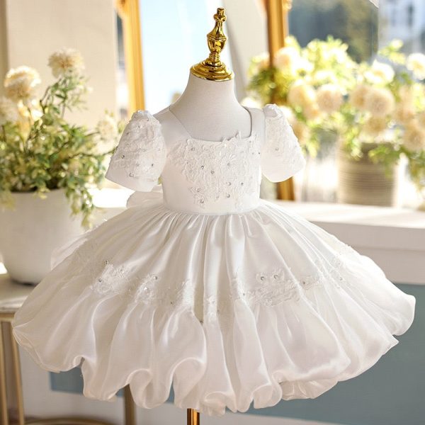 Square Neck Beaded Lace White Taffeta Bubble Birthday Wedding Flower Girl Dress, Bow - Image 3