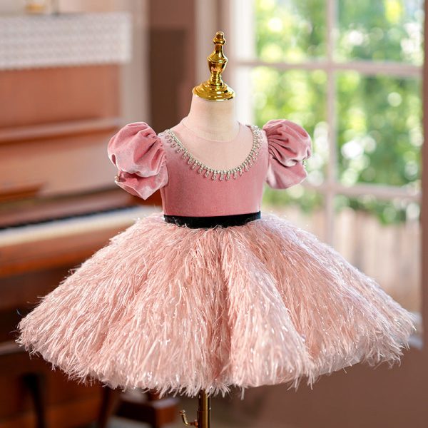Pink Velvet Feathers Puff Sleeve Ball Gown Birthday Formal Girl Pageant Dress, Beaded Belt - Image 3
