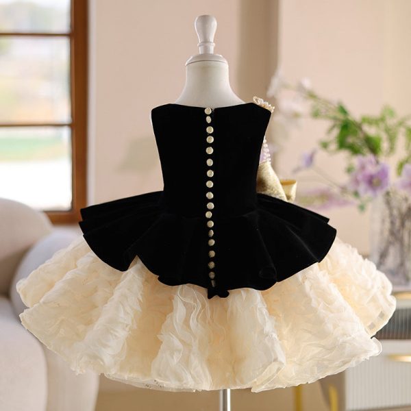 Black Velvet Roses Champagne Tulle Sleeveless Formal Party Flower Girl Dress - Image 2