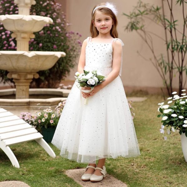 Princess White Tulle Sequined Bow Straps Square Neck Backless Wedding Flower Girl Dress - Image 2