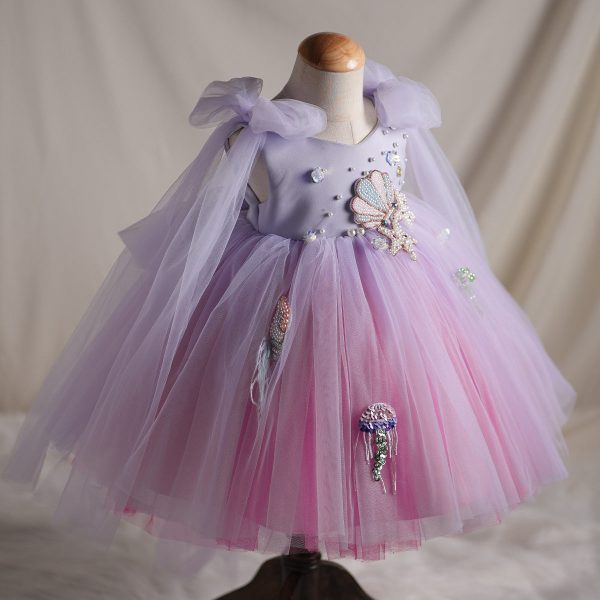 Princess Ball Gown Ocean Pearls Shell V Neck Tulle Birthday Party Fancy Baby Girl Dress, Bow - Image 3
