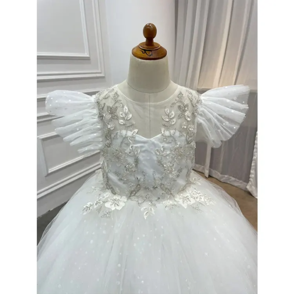 Princess Ball Gown Flutter Sleeves Beading Birthday Wedding Flower Girl Dress, Appliques - Image 5