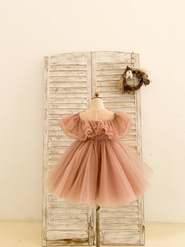 Ball Gown 3D Butterflies Mauve Tulle Ruffles Wedding Flower Girl Dress - Image 2