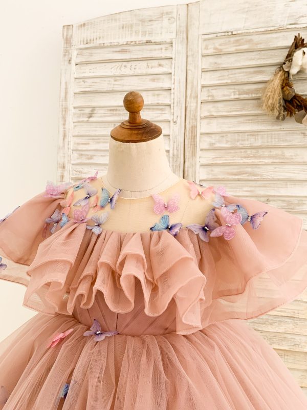 Ball Gown 3D Butterflies Mauve Tulle Ruffles Wedding Flower Girl Dress - Image 4