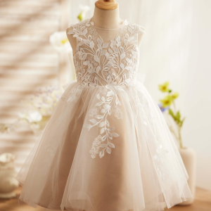 Ivory Lace Champagne Tulle Sleeveless Knee Length Wedding Flower Girl Dress, Bow