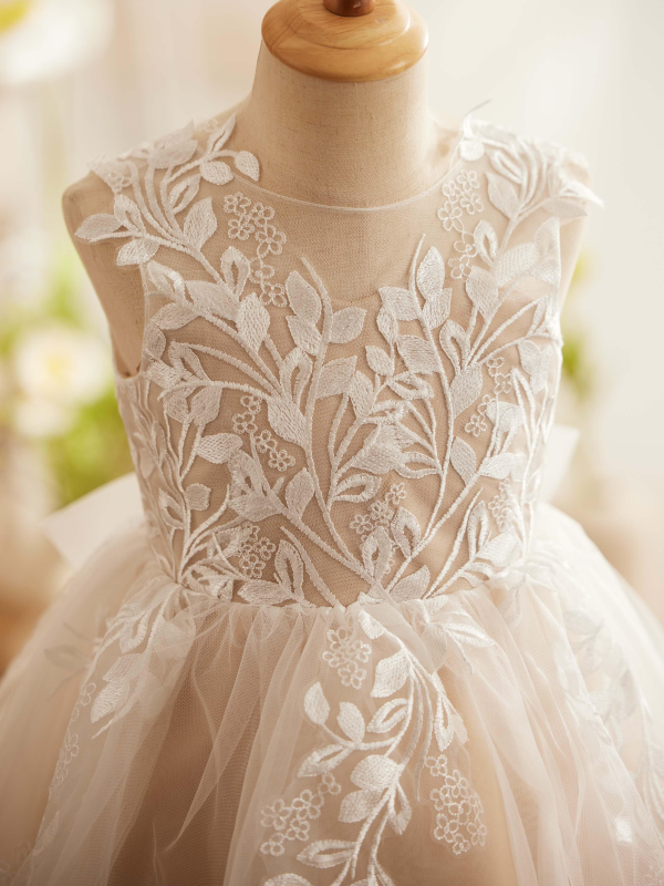 Ivory Lace Champagne Tulle Sleeveless Knee Length Wedding Flower Girl Dress, Bow - Image 4