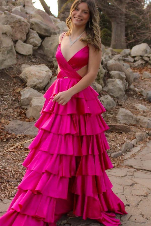 Yellow Spaghetti Straps V-Neck Crisscross Tiered Satin Long Prom Dress, Slit - Image 7