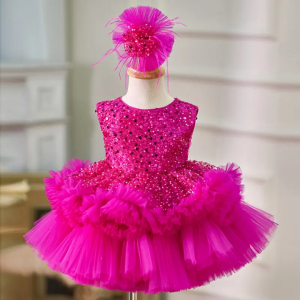 Ball Gown Fuchsia Sequin Tulle Pageants Christmas Birthday Wedding Flower Girl Dress
