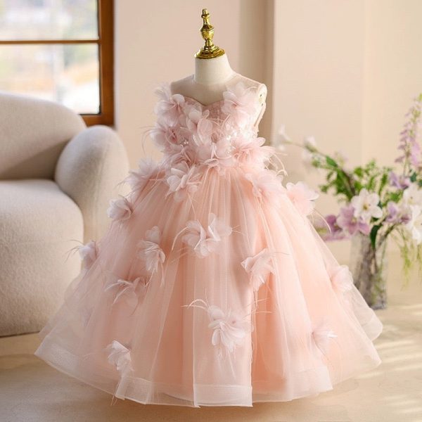 Princess Sleeveless 3D Floral Pink Tulle Birthday Party Wedding Flower Girl Dress, Sequin - Image 4