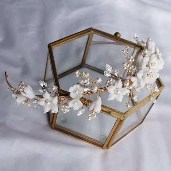 White Floral Porcelain Ceramic and Pearl Tiara-Crown - Image 6