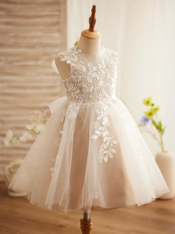 Ivory Lace Champagne Tulle Sleeveless Knee Length Wedding Flower Girl Dress, Bow - Image 3