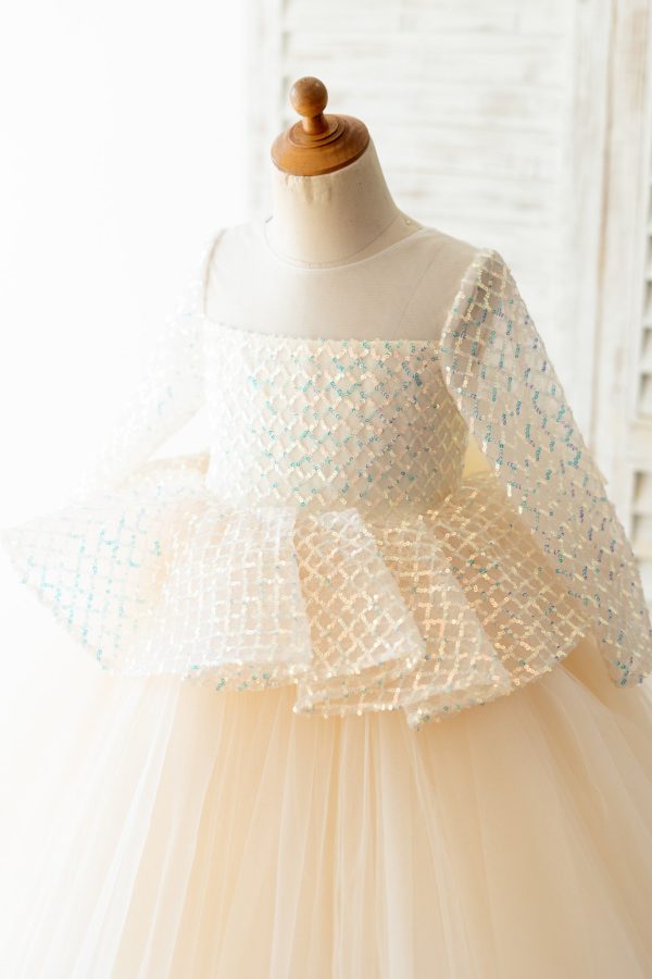 Hi-Low Long Sleeves Champagne Sequin Tulle Wedding Flower Girl Dress - Image 3