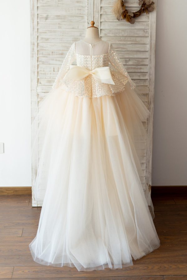 Hi-Low Long Sleeves Champagne Sequin Tulle Wedding Flower Girl Dress - Image 2