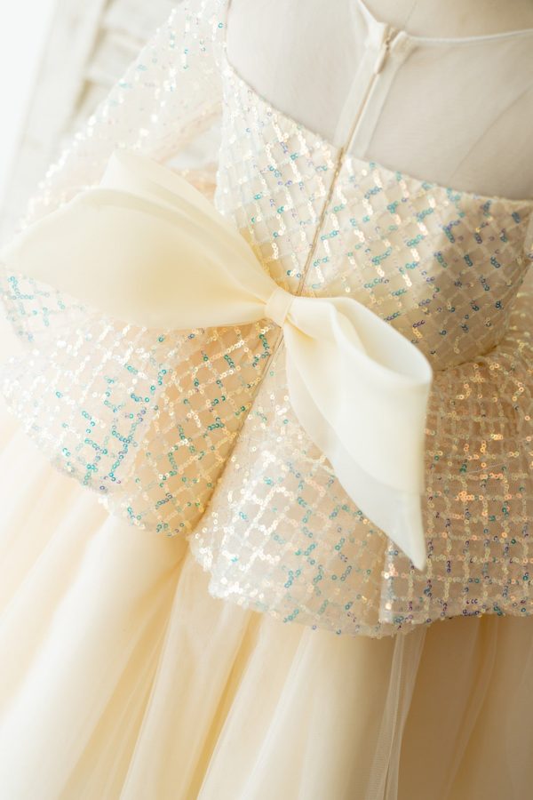 Hi-Low Long Sleeves Champagne Sequin Tulle Wedding Flower Girl Dress - Image 4