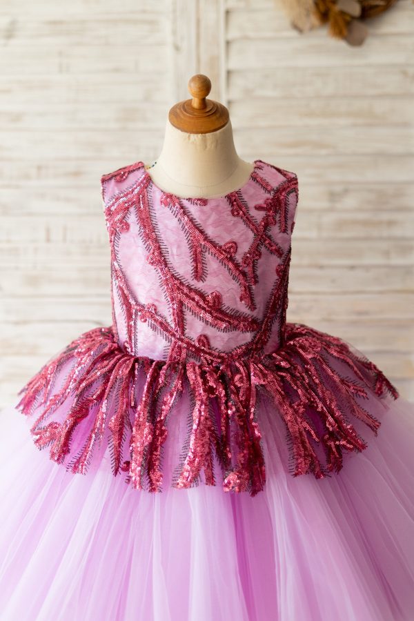 Fuchsia Sequin Tulle V Back Hi-Low Wedding Flower Girl Dress Kids Party Dress - Image 3