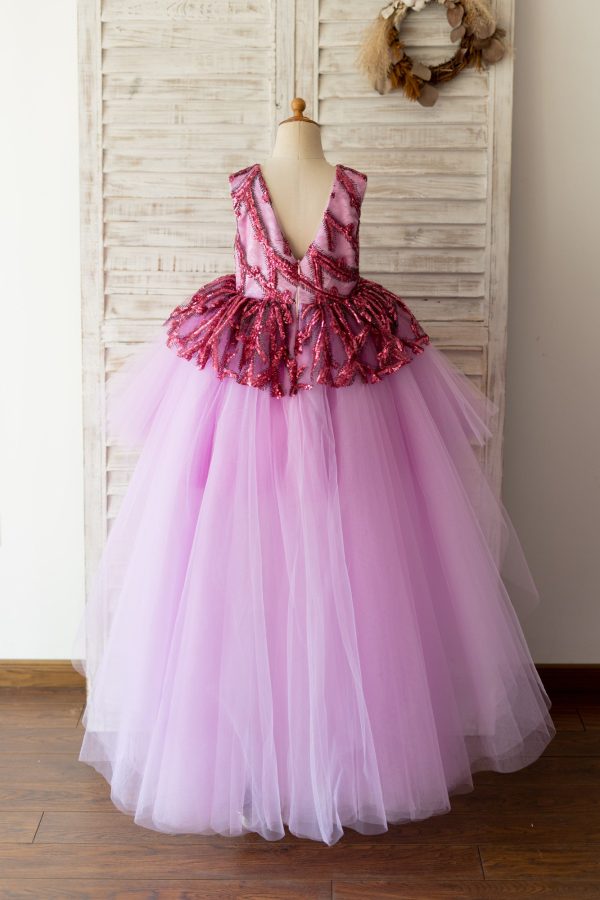 Fuchsia Sequin Tulle V Back Hi-Low Wedding Flower Girl Dress Kids Party Dress - Image 2