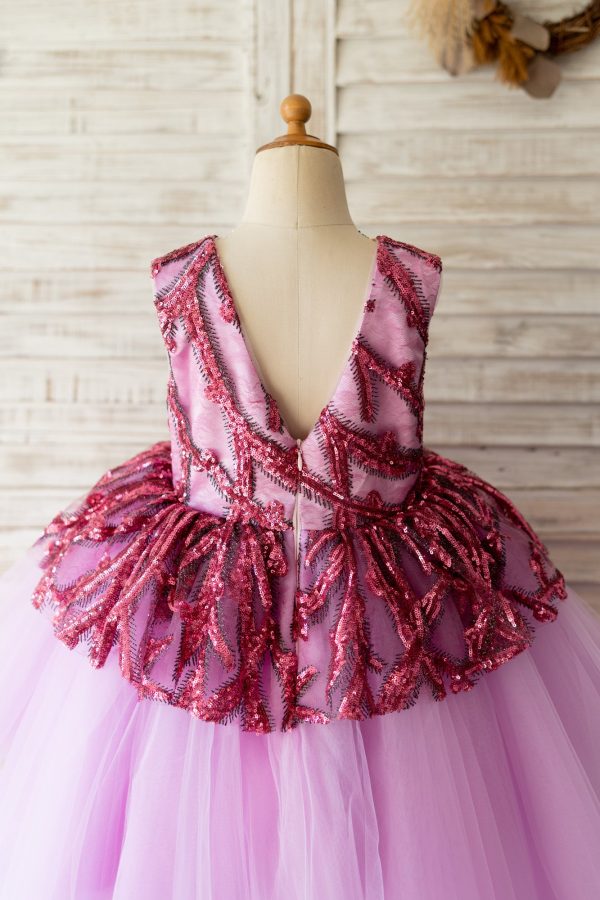 Fuchsia Sequin Tulle V Back Hi-Low Wedding Flower Girl Dress Kids Party Dress - Image 4