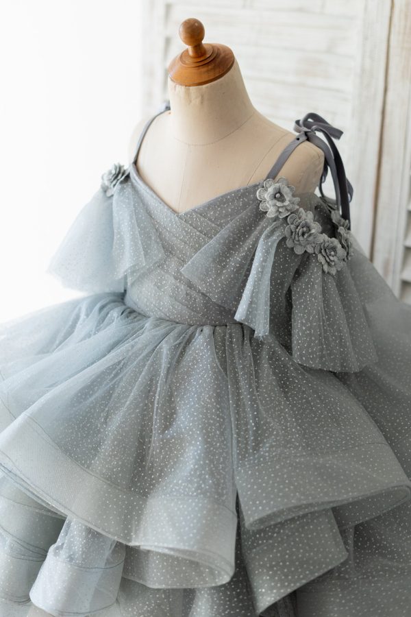 Silver Gray Glittering Tulle Straps V Back Wedding Flower Girl Dress Kids Party - Image 3