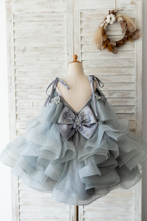 Silver Gray Glittering Tulle Straps V Back Wedding Flower Girl Dress Kids Party - Image 2