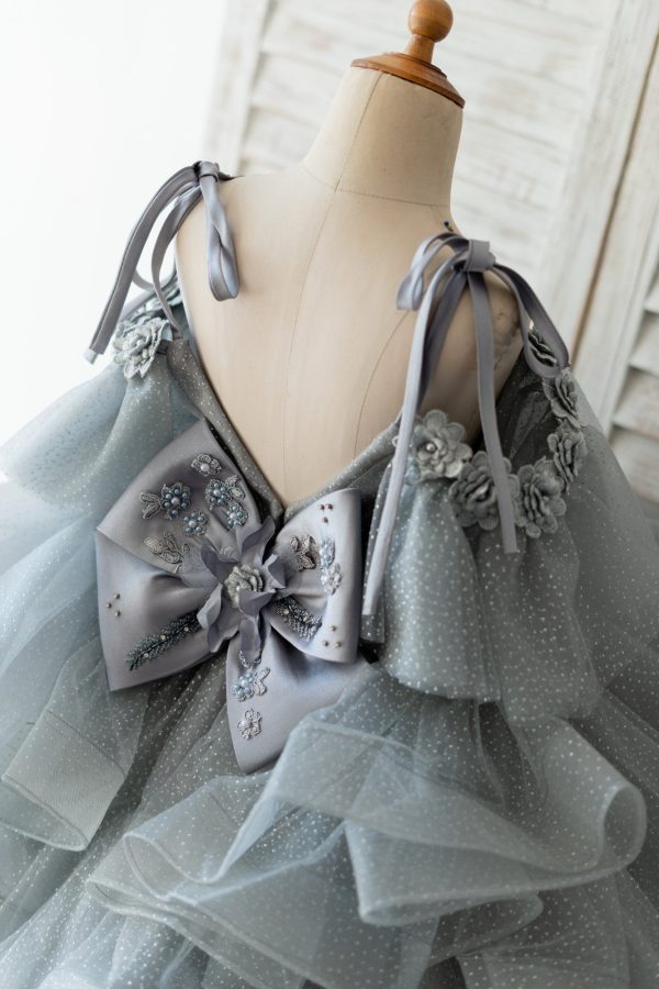 Silver Gray Glittering Tulle Straps V Back Wedding Flower Girl Dress Kids Party - Image 4