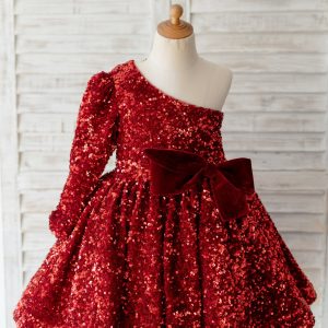 One Shoulder Burgundy Sequin Long Sleeves Wedding Flower Girl Dress