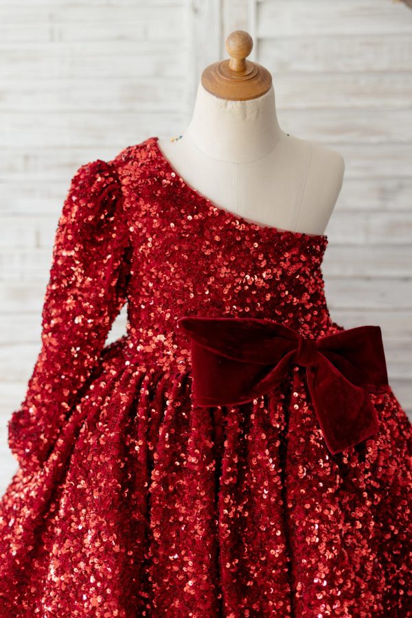 One Shoulder Burgundy Sequin Long Sleeves Wedding Flower Girl Dress - Image 3