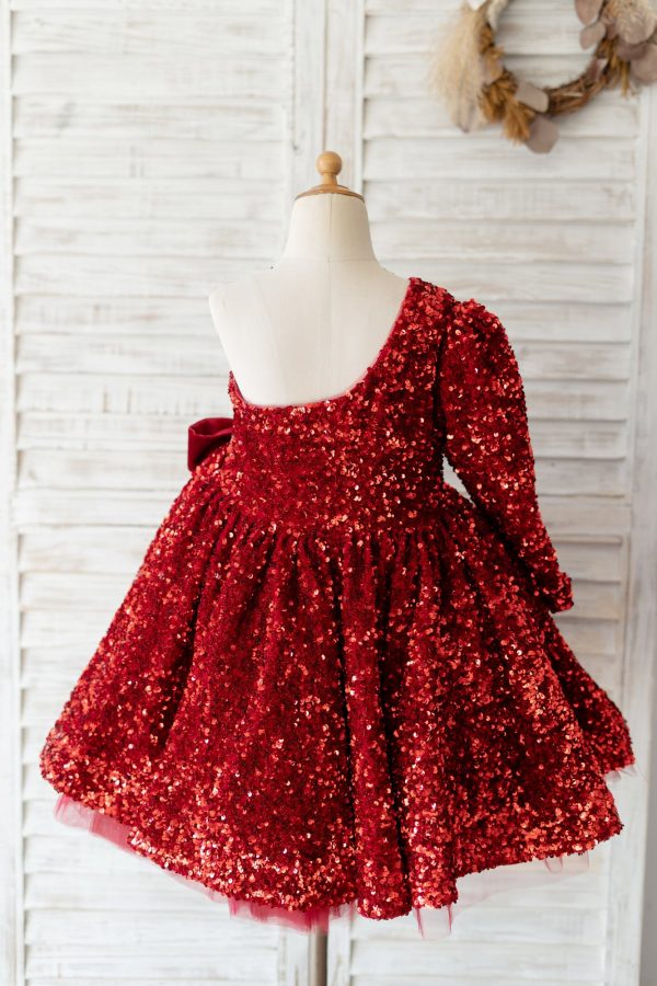 One Shoulder Burgundy Sequin Long Sleeves Wedding Flower Girl Dress - Image 2