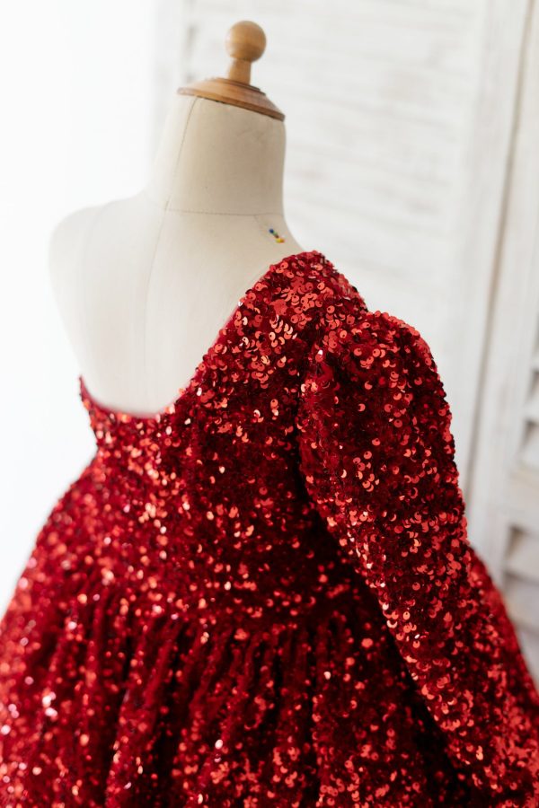 One Shoulder Burgundy Sequin Long Sleeves Wedding Flower Girl Dress - Image 4