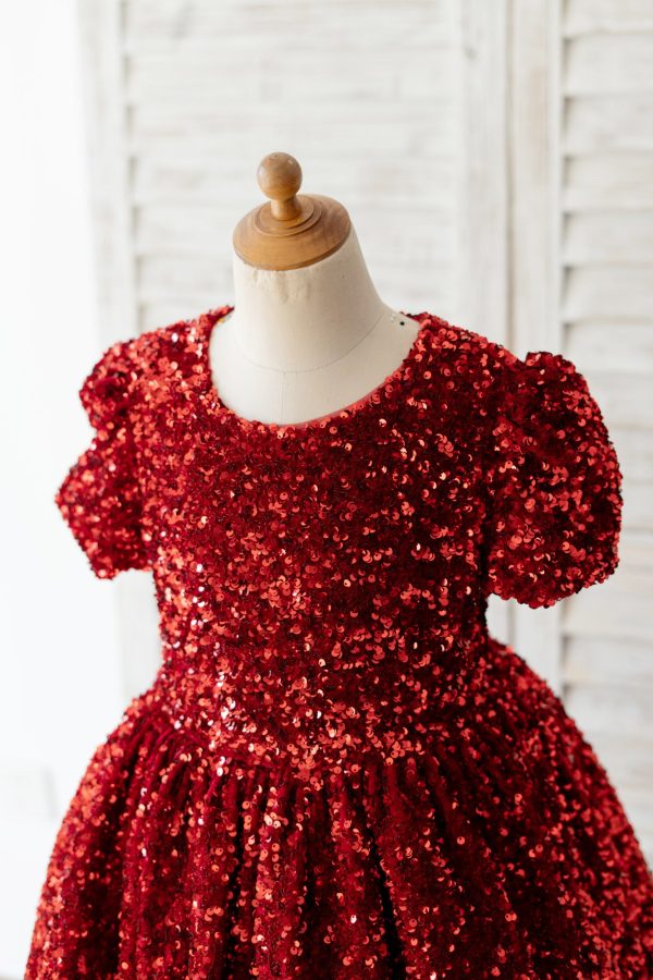 Short Sleeves Burgundy Sequin Wedding Flower Girl Dress Kids Formal Dress - Image 3