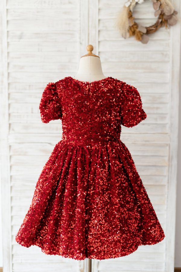 Short Sleeves Burgundy Sequin Wedding Flower Girl Dress Kids Formal Dress - Image 2